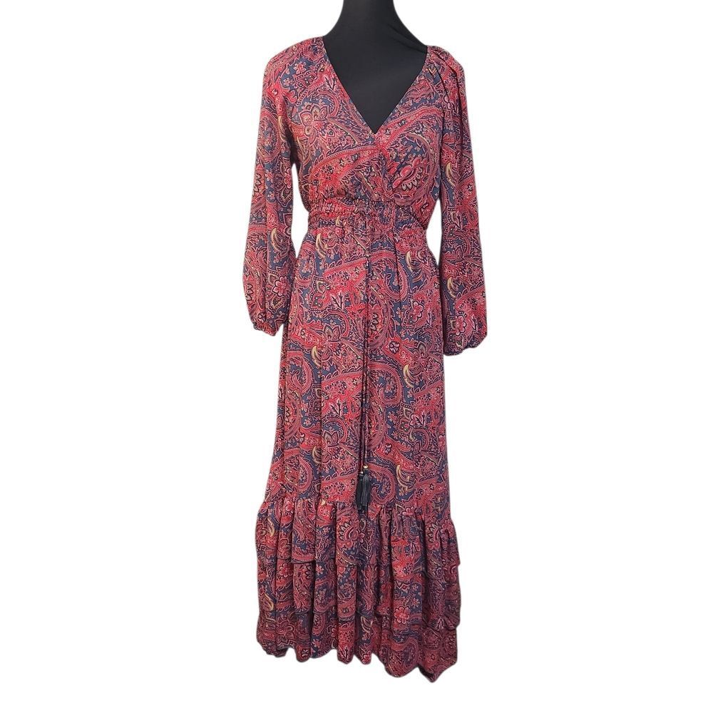 Boemo Anthropologie Maxi Dress Womens Small Paisley Puff Sleeve Tiered Pink Gray
